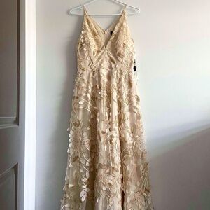 3D FLORAL APPLIQUÉ MIDI DRESS BRIDAL SHOWER BABY SHOWER FORMAL HOLIDAY GOLD